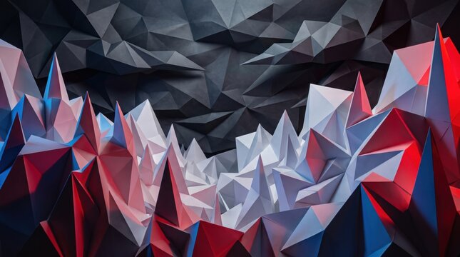 Abstract paper canyon with geometric peaks in red blue light