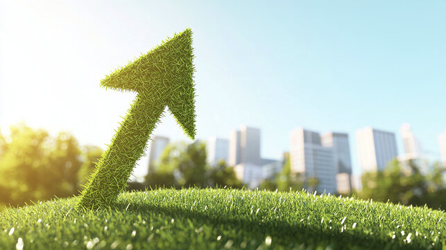 Green grassy upward arrow graphic in a park against a backdrop of business buildings and a sunny sky