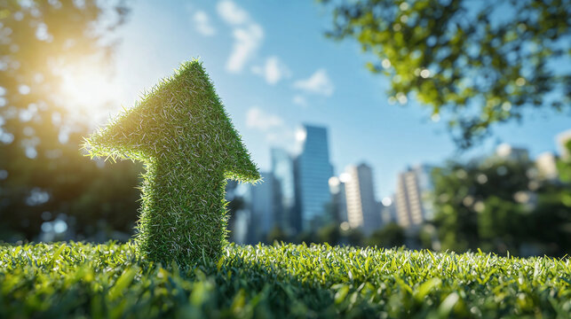 Green grassy upward arrow graphic in a park against a backdrop of business buildings and a sunny sky