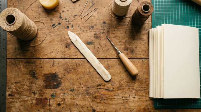 Bookbinding Tools and Materials Arranged on Wooden Workbench Surface