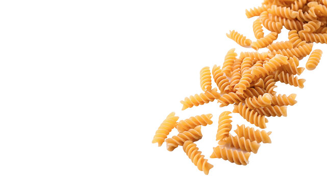 Raw dry Italian fusilli pasta spirals pouring down culinary cooking ingredient, isolated on transparent background.
