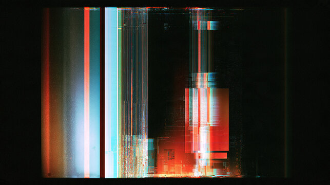 Abstract digital glitch art background with vertical RGB shift lines, pixel distortion, and chromatic aberration effects on a dark screen texture for modern technology concepts and cyberpunk graphic d