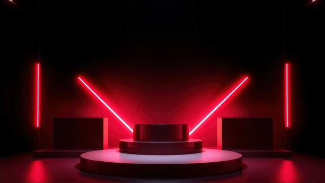 Dark studio setup. Circular platform illuminated by vibrant red neon lights. Minimalist design, dramatic presentation space.