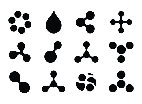 Set of black abstract blob and molecule shapes for graphic design projects