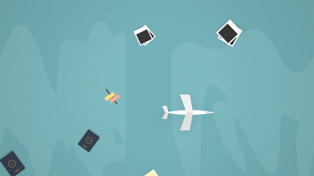 Airplane Travel Holiday Animation with Flying Jet Passport and Photo Frames on Teal Background for Tourism Concept
