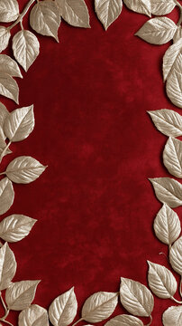 silver leaves border frame isolated on red background