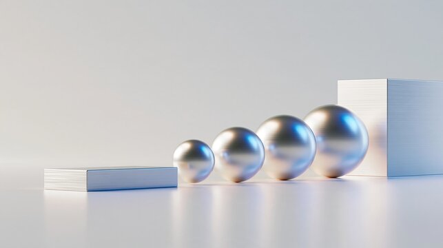 Four increasing size polished silver brushed spherical balls between two metal rectangular blocks showing business growth and progress development concept