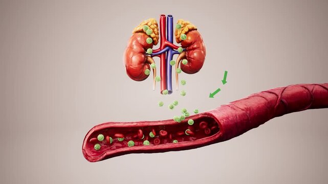 Conceptual 3D animation of the kidneys and cortisol hormone