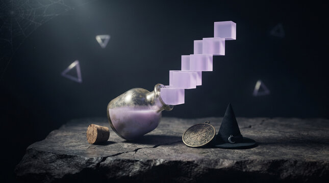 Tilted glass bottle pouring out a staircase of glowing purple digital cubes on a rustic stone surface