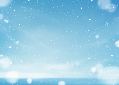 Winter sky and cloud background over calm blue sea and beach landscape,Clear sky with falling snow,Soft white snowfall and bokeh,Seasonal vector illustration for Christmas Card,New Year holiday banner