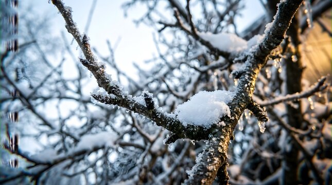 Snow covered tree branches with frost and ice in winter sunlight