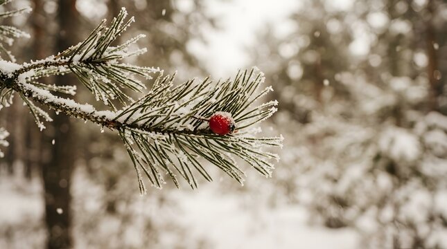 Pine branch with red berry covered in frost in a winter forest