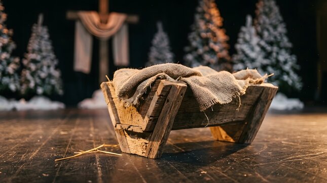 Rustic wooden manger for nativity scene with cross and christmas trees background