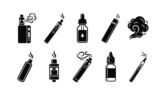 Set of black vape and electronic cigarette icons with vapor vector