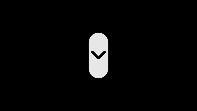 white scroll down button icon with downward chevron arrow for website navigation, page scroll indicator, mouse wheel action, user interface control