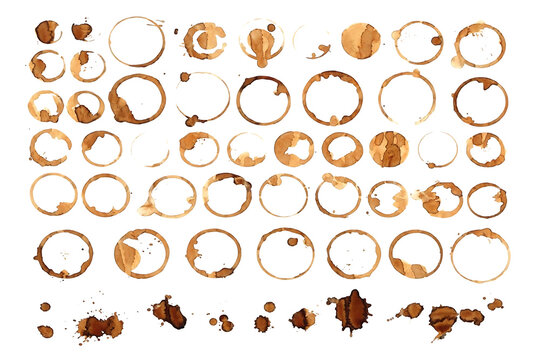 Collection of coffee ring stains and splatters presented on a white background showcasing varying shades rings splatter marks