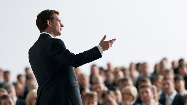 Businessman giving motivational speech to large audience, expressing confidence and leadership during professional presentation event