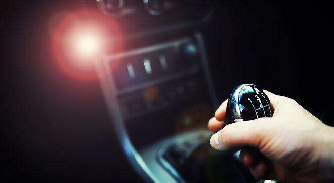 Manual gearbox. Car interior details. Car transmission. Soft lighting. Abstract view
