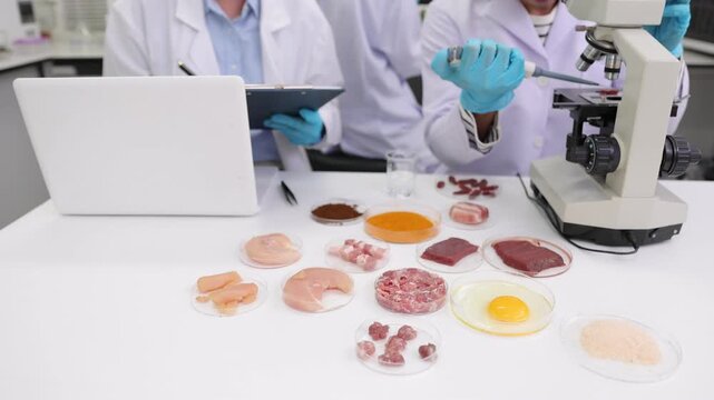 Scientists collaborating on food quality inspection in laboratory, examining meat and food samples with a microscope. Researchers analyzing food quality for safety and nutrition.