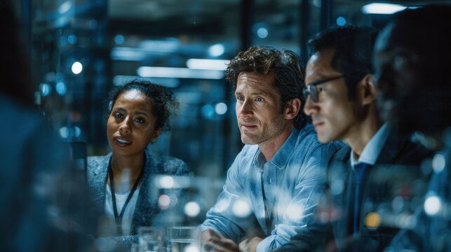 Medium shot of a team discussing synthetic identity alerts generated from advanced detection systems focusing on safeguarding transactions and customer trust.