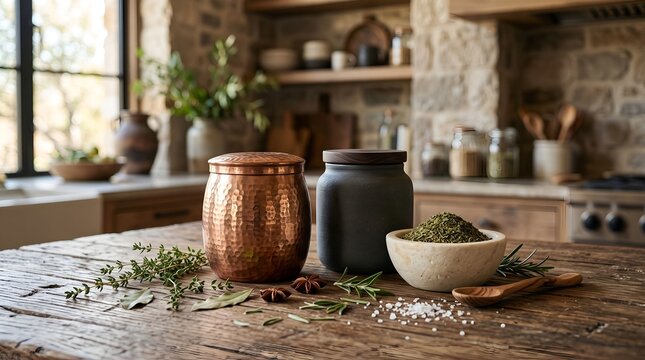 Copper jar and black container with fresh rosemary thyme salt on