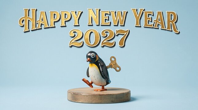 Tin penguin wind-up toy standing on wooden circular pedestal for Happy New Year 2027 greeting