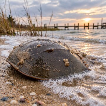 Close-up of a horseshoe crab surrounded by ocean foam at sunrise on a peaceful beach with golden hues and calm waves lapping against the shore.