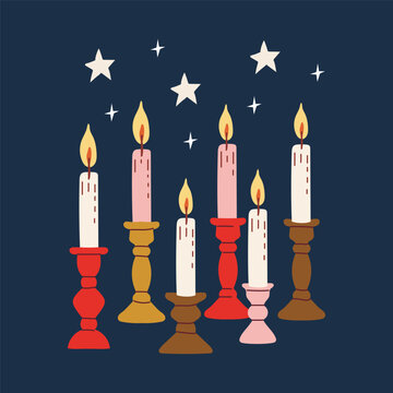 Hand drawn Christmas candles with stars holiday vector clipart. Coquette retro artisanal festive illustration. Lit taper candles in brass candlesticks for holiday craft packaging. 
