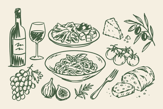 Mediterranean Food Hand Drawn Sketch Set with Pasta, Wine and Olives