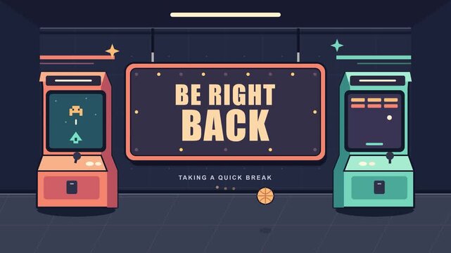 A retro arcade scene features classic game cabinets and a Be Right Back sign while a basketball bounces across the floor in this seamless loop for streamers and content creators.
