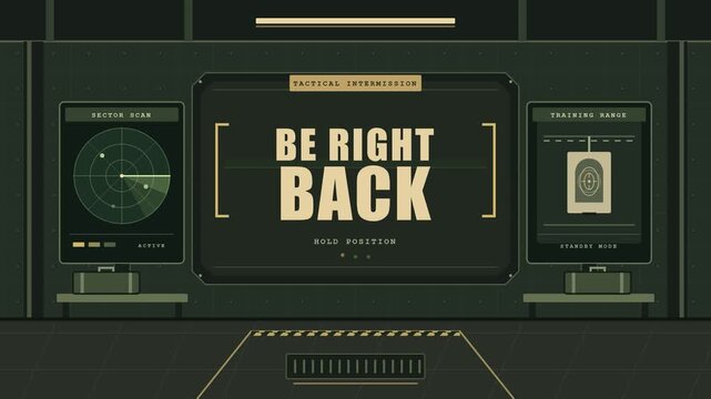 A military tactical HUD animation displaying Be Right Back for streamers. Features a radar scan and target range graphic in a seamless loop for gaming broadcasts.