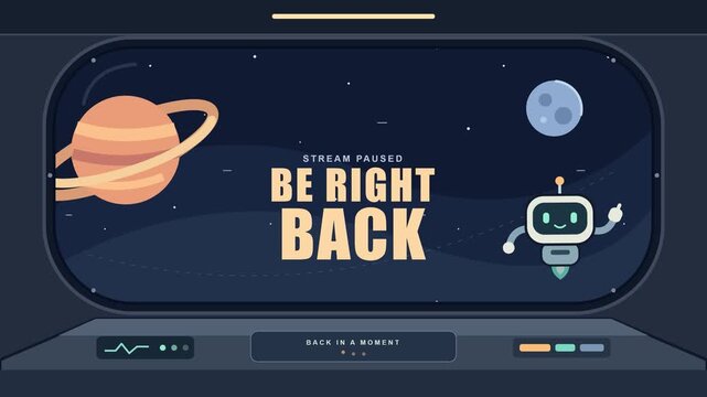 A cartoon-style animated space scene for live streamers featuring a cute robot, Saturn, and a moon. This seamless loop screen notifies viewers that the stream is paused.