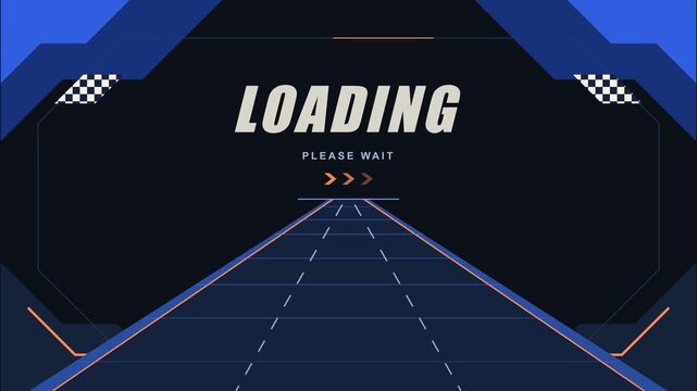 A futuristic gaming loading screen features a blue perspective road and animated arrows. This seamless loop is designed for esports streaming and racing game transitions.