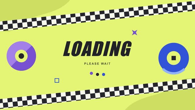 A vibrant, retro-themed loading screen animation with checkered borders and spinning shapes. This seamless loop is ideal for video game intros and digital transitions.