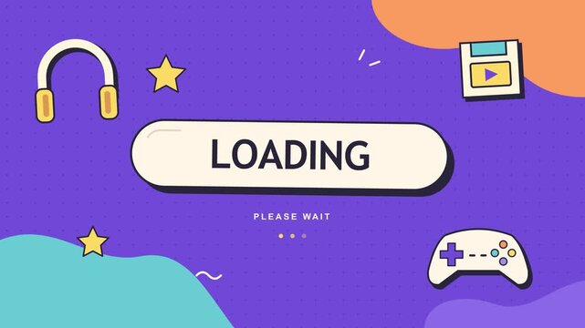 A colorful retro-style 2D animated loading screen featuring a gamepad, headphones, and floppy disk icons in a seamless loop, perfect for gaming transitions or streaming.