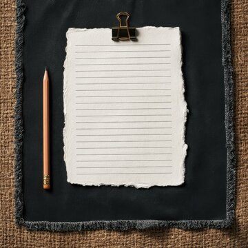 Blank torn paper note clipped to black pad with pencil on textured burlap background