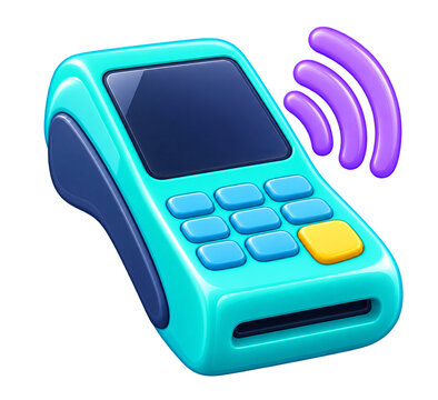 A 3D rendered contactless payment terminal with a vibrant cyan and purple design.