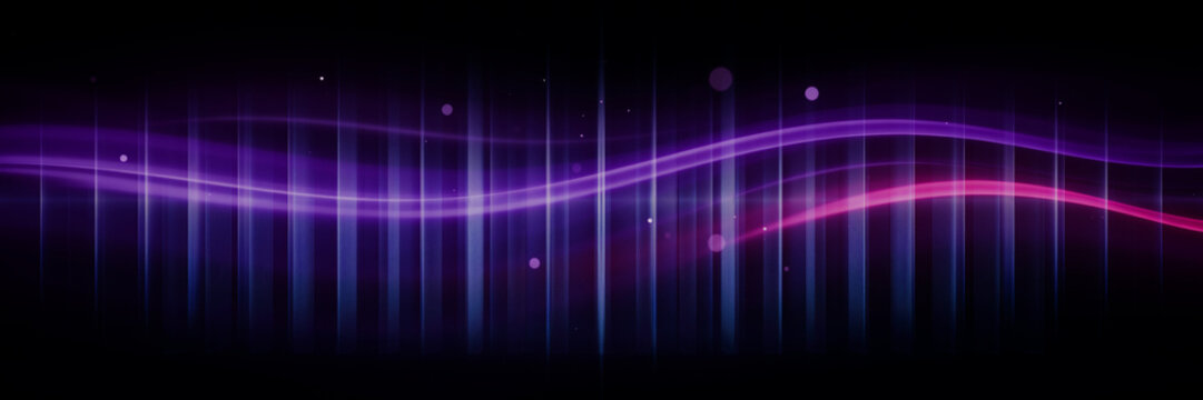 Abstract purple and pink neon waves with glowing light trails, vertical blue light streaks, bokeh particles and sparkling lights on a dark black background, futuristic digital music equalizer banner c