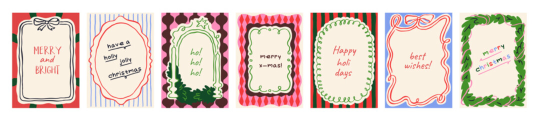 Plakat Christmas frames, card backgrounds, vector designs. Coquette Christmas cards with ribbon bow, fir border, cute doodle frames. Holiday backgrounds with festive Xmas pattern. Vector illustration set.