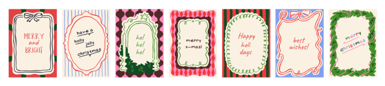 Christmas frames, card backgrounds, vector designs. Coquette Christmas cards with ribbon bow, fir border, cute doodle frames. Holiday backgrounds with festive Xmas pattern. Vector illustration set.