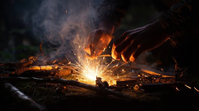 Silhouetted hands against setting sun working primitive fire starting technique with magnesium rod and high-carbon steel striker, dramatic fountain of white-hot sparks illuminating otherwise dark