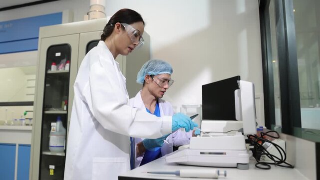 Scientific team collaborating on a research experiment. Two scientists in a laboratory conducting an experiment. A female researcher is adding a sample to a machine.