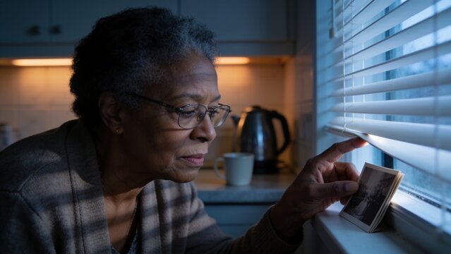 Lifting blind slat senior woman wearing sweater specs studying prints at kitchen window, copy space