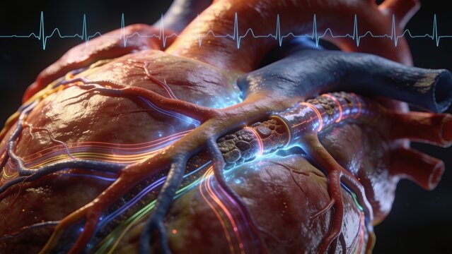 Highlighting anatomic heart surface showing sectioned artery with stent and plaque, dark studio