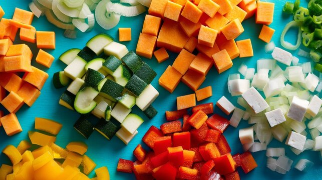 Modern geometric arrangement of meticulously chopped vegetables displayed on a bright turquoise background, featuring uniform cubes of orange sweet potatoes, diagonal cuts of green zucchini, precise
