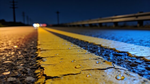 Leading cracked yellow double centerline paint glistening on wet asphalt at night, with guardrail