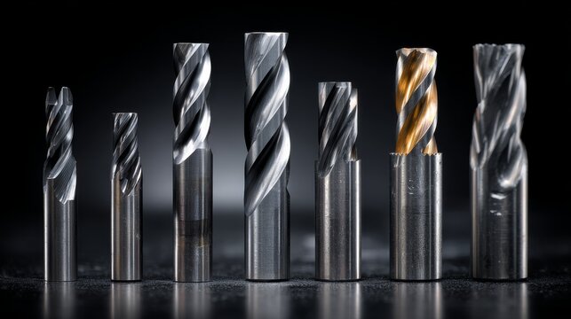 Professional studio photograph of precision-machined tungsten carbide cutting tools arranged in symmetrical pattern against deep matte black background, featuring spiral fluted drill bits with
