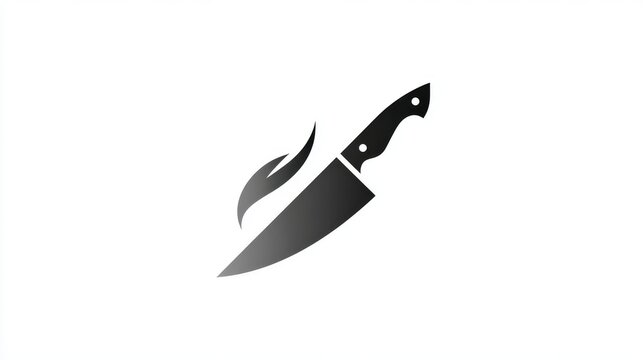 Modern abstract chef knife logo utilizing negative space technique where blade is formed by white space between gray shapes, clean geometric lines with perfect 45-degree blade angle, simplified