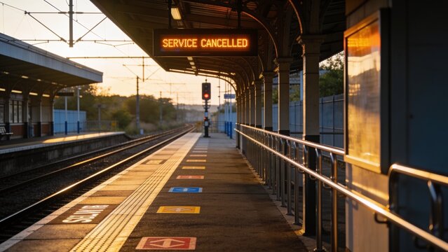 Bathing empty rail platform in golden light at station, amber display reading SERVICE CANCELLED