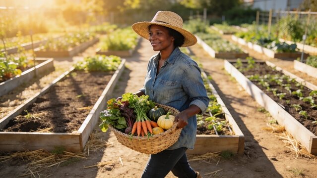 Walking woman carrying vegetable-filled basket in garden beds wearing straw hat and denim shirt